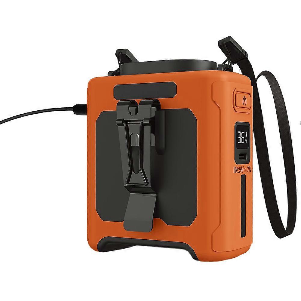 Tragbarer Ventilator In Kompakter Größe Mit 10.000 Mah Kapazität, Externem Akku, Led-licht, Nackenventilator, 5 Geschwindigkeitsstufen, Starker Luftstrom, Orange Farbe.