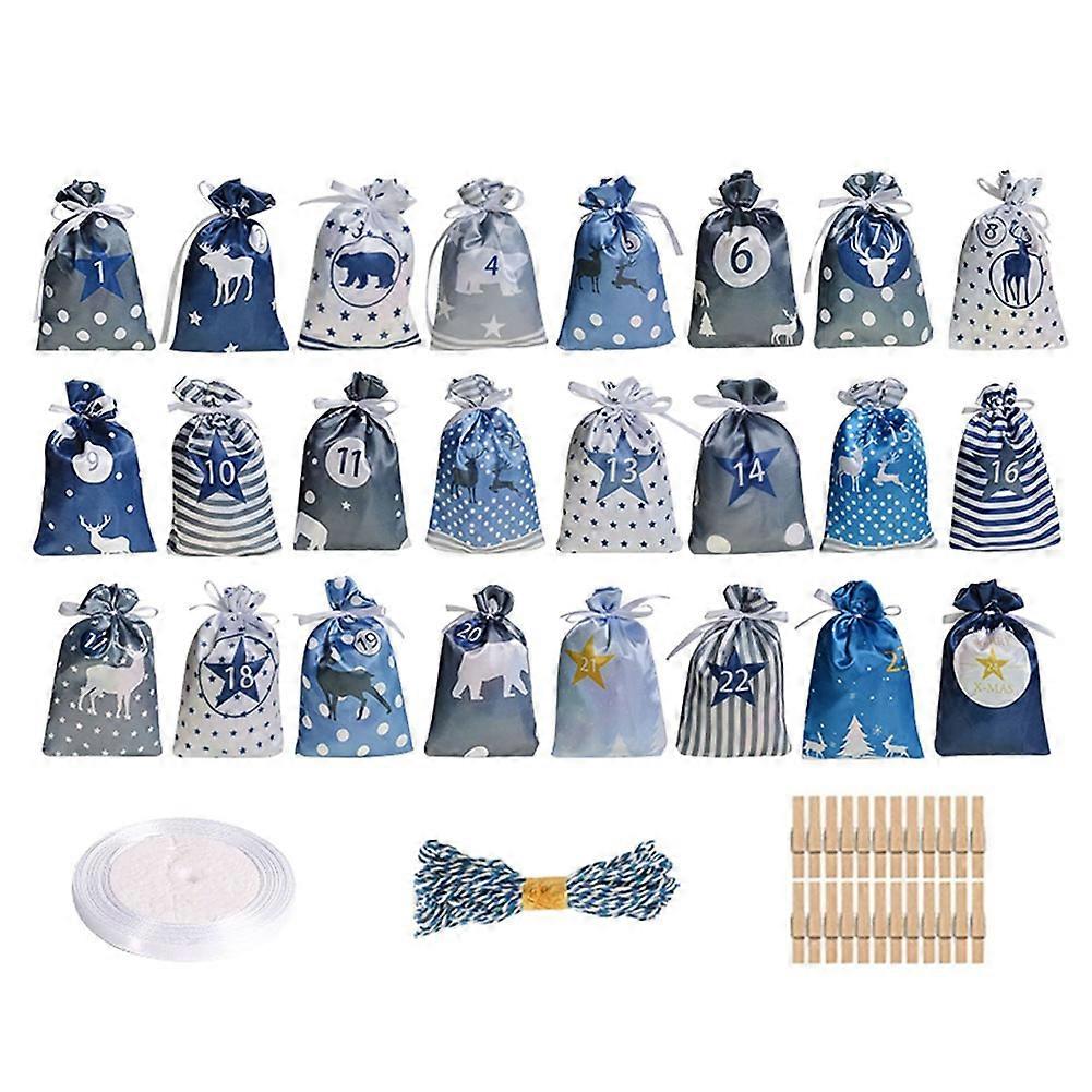 Set Mit 24 Wiederverwendbaren Stoffgeschenktüten Für Den Adventskalender Mit Kordelzug.