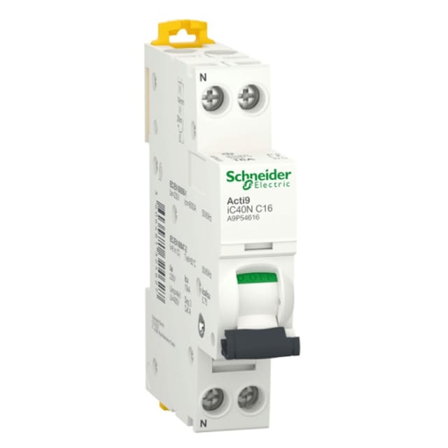 Schneider Electric Acti9 circuit breaker 1p + n 16a 230v 10.6 ka c-characteristic single terminal width 18 mm.