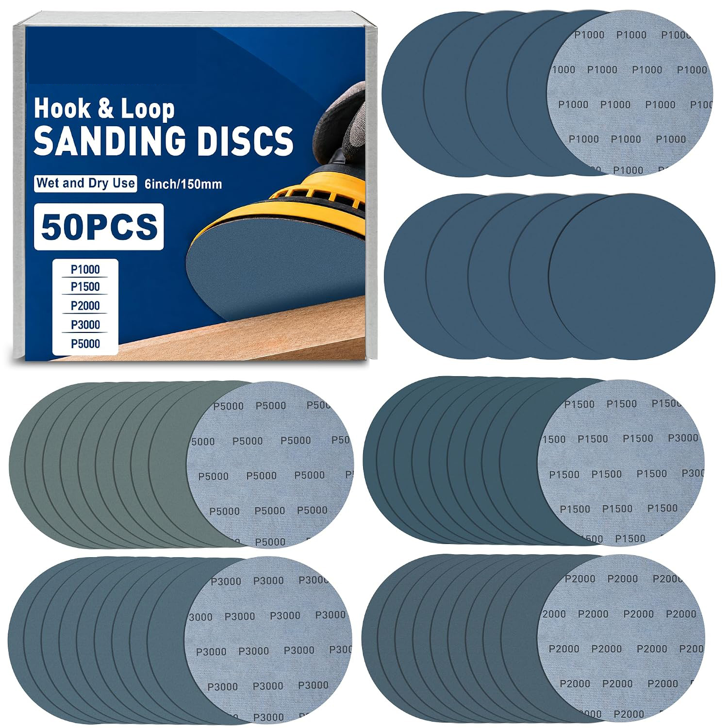 50x Schleifpapierscheiben 150mm Klett Set (p1000/p1500/p2000/p3000/p5000 Je 10 Stk.), Nass & Trocken Schleifscheiben Aus Siliziumkarbid Für Exzenterschleifer, Polieren & Feinschliff