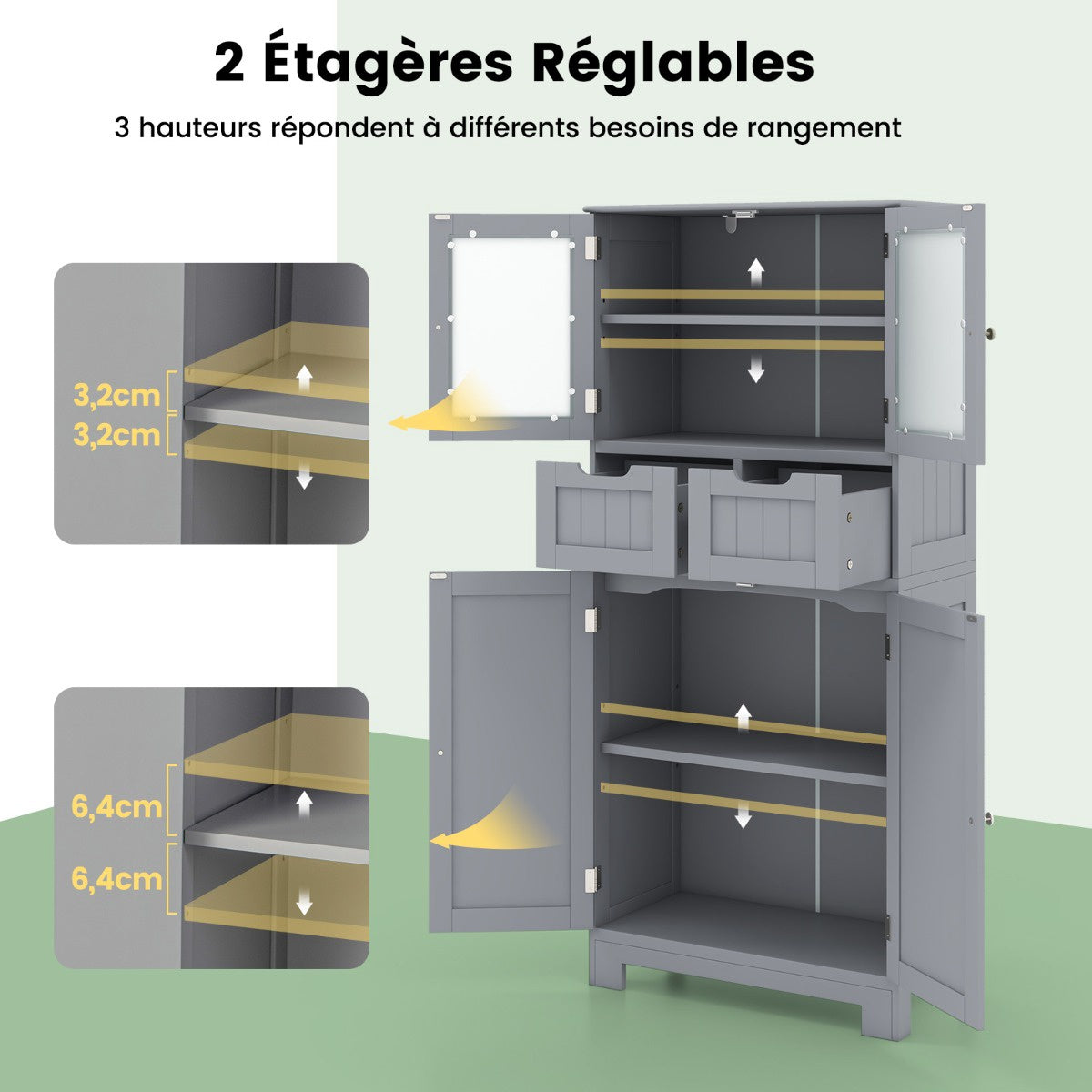 Hoher Badezimmerschrank, 4 Türen, 2 Schubladen, Grau