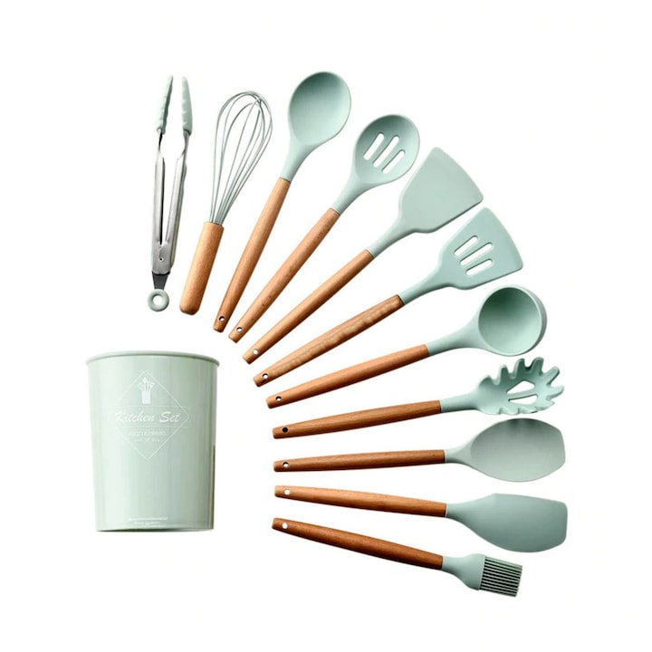 Ensemble De 12 Ustensiles De Cuisine En Silicone Résistant À La Chaleur Avec Manche En Bois Naturel
