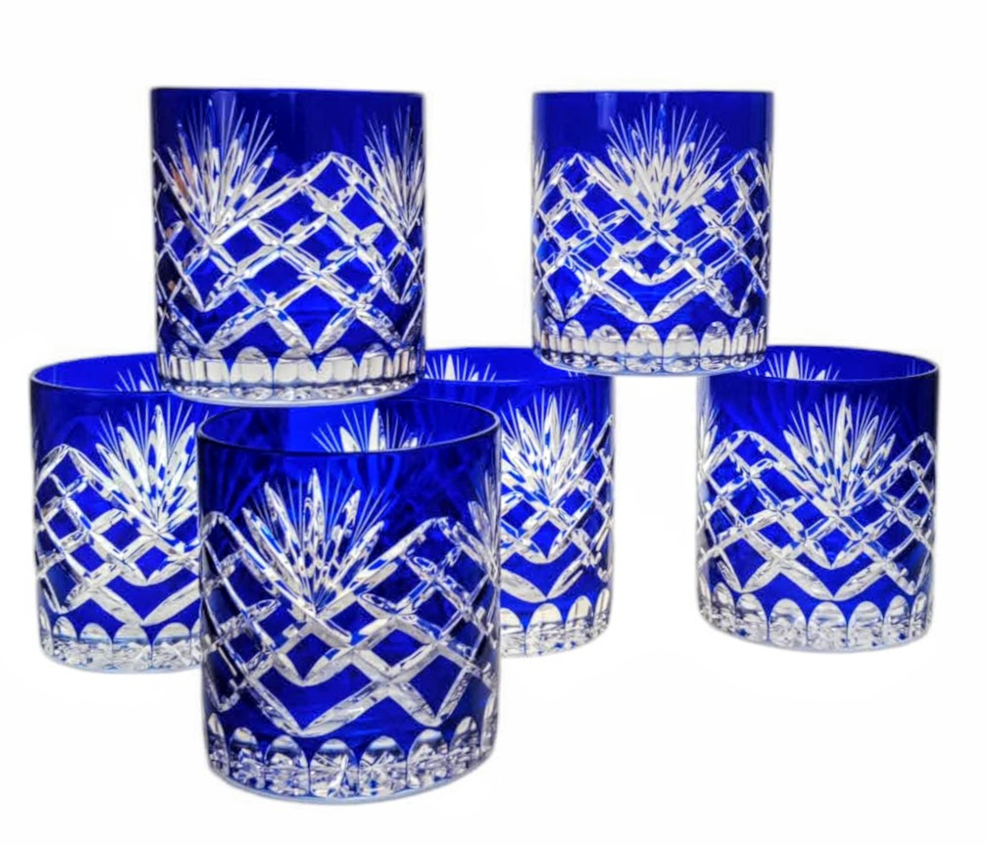 Kobaltblaue Kristall-whiskygläser Mit Ananas-motiv, 6 Stück
