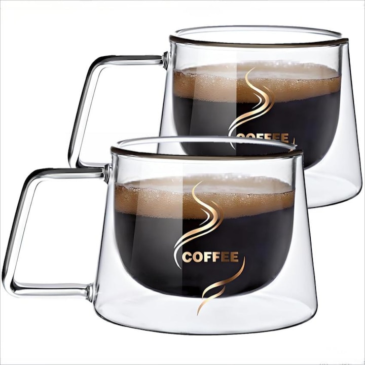 2er-set Doppelwandige Glasbecher, Modell „coffee“, Modernes Design, Hitzebeständig, Fassungsvermögen 200 Ml, 74 X 93 Mm.