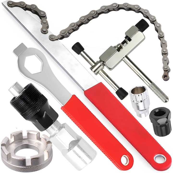 Kit De 7 Outils Pour La Réparation Et L'Entretien De Vélos Comprenant Une Presse À Chaîne, Une Presse À Pignons, Une Clé À Pignon, Une Clé Monobloc, Une Clé À Rayons, Une Clé À Chaîne Et Un Extracteur