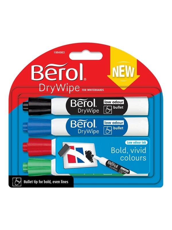 Berol Trocken abwischbarer Whiteboard-Marker, Punktspitze: 2 mm - farblich sortiert, 4er-Pack