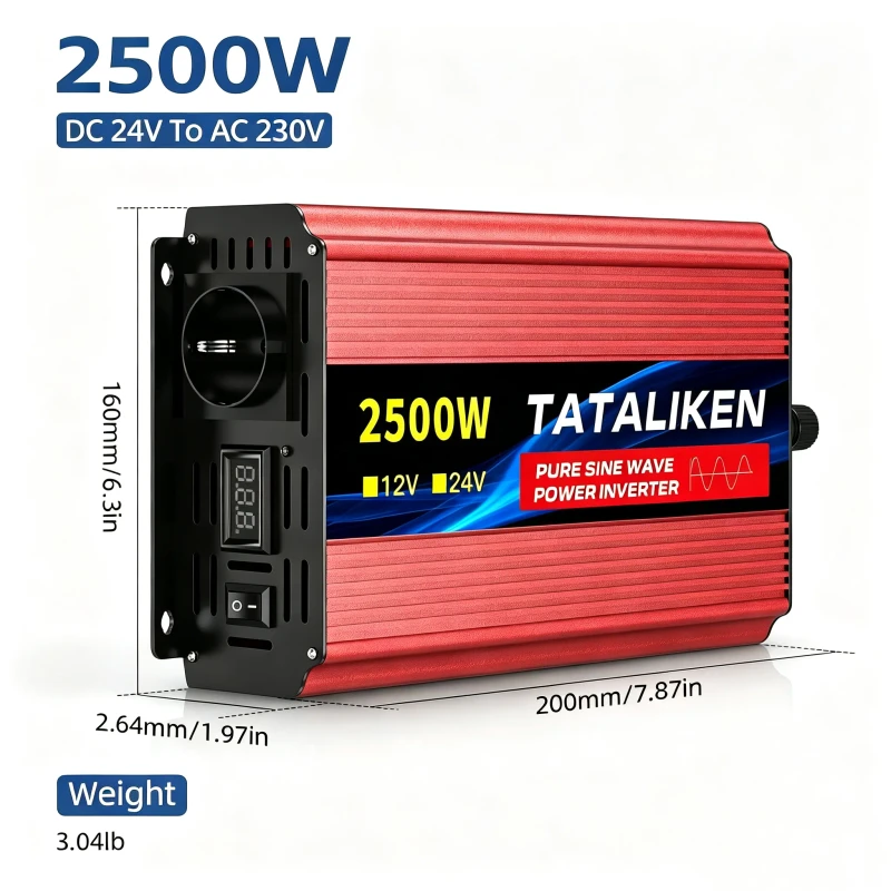 Tataliken 2500w Reiner Sinus Spannungswandler 24v‑230v Wechselrichter Für Lkw, Wohnwagen, Fahrzeuge Und Mobile Stromversorgung