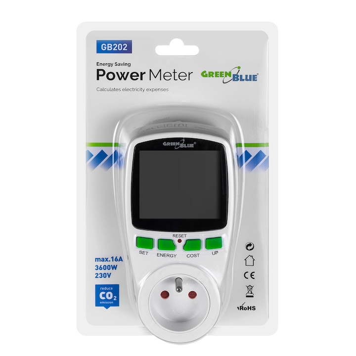 Steckdose Mit Digitalem Energiezähler (wattmeter), Grün/blau Gb202, Weiß