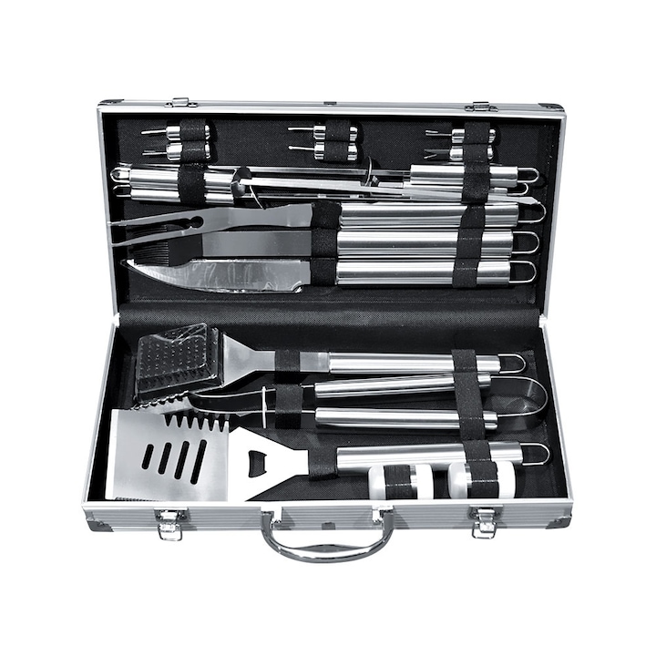 Set Mit 18 Outdoor-grillzubehörteilen Aus Hochwertigem Edelstahl, Inklusive Aluminium-tragetasche Mit Stofffutter