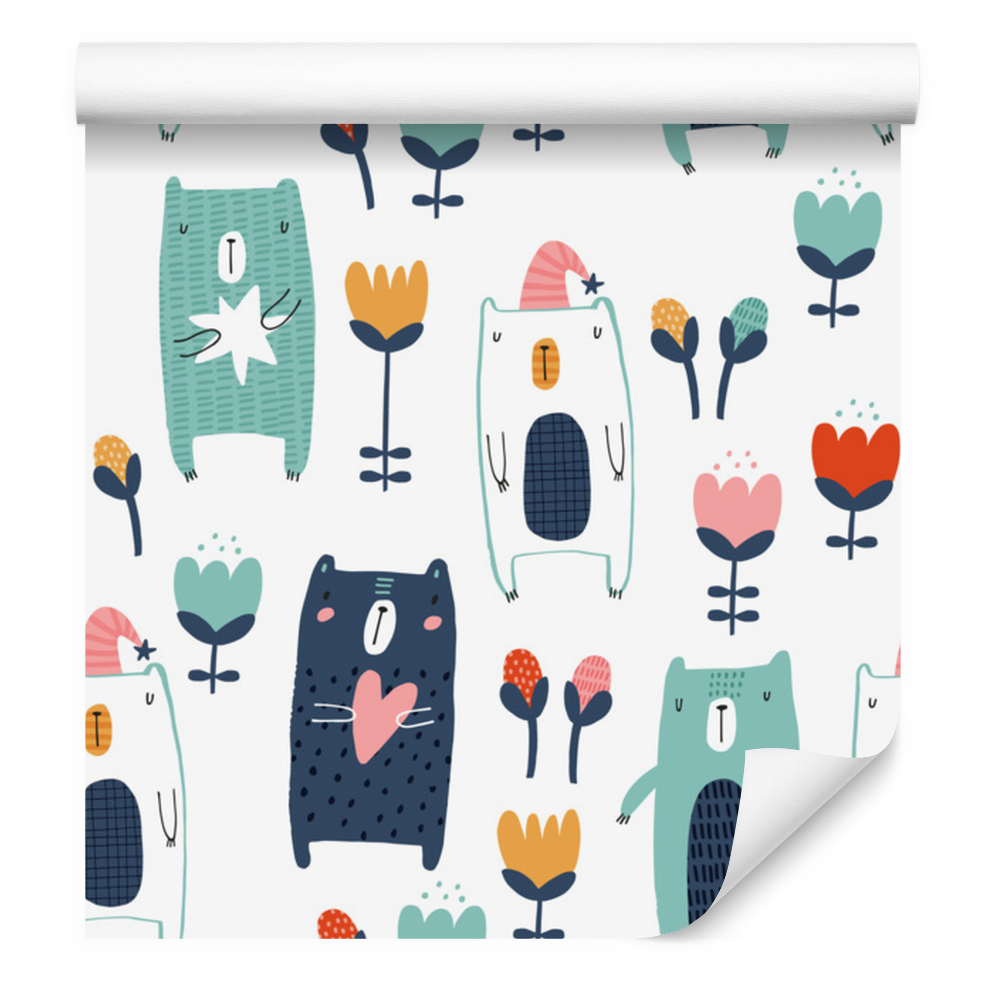 Tapete Mit Teddybären Zwischen Blumen Für Wohn- Und Schlafzimmer, 50 X 1000 Cm