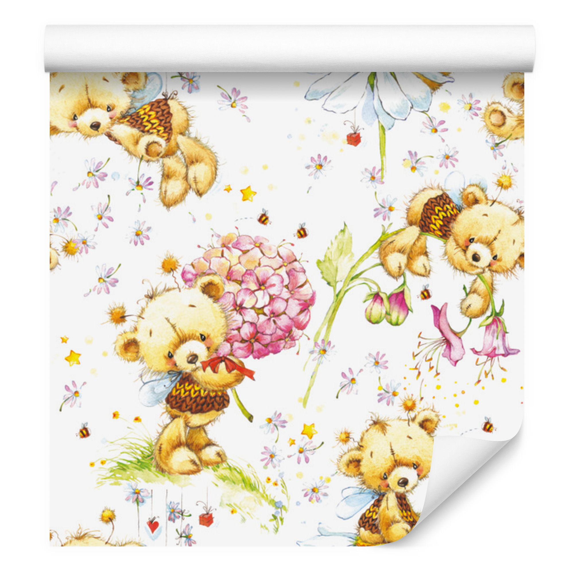 Tapete Mit Teddybär-motiv, Blumen, Pflanzen Und Blättern Für Wohn- Und Schlafzimmer, 50 X 1000 Cm