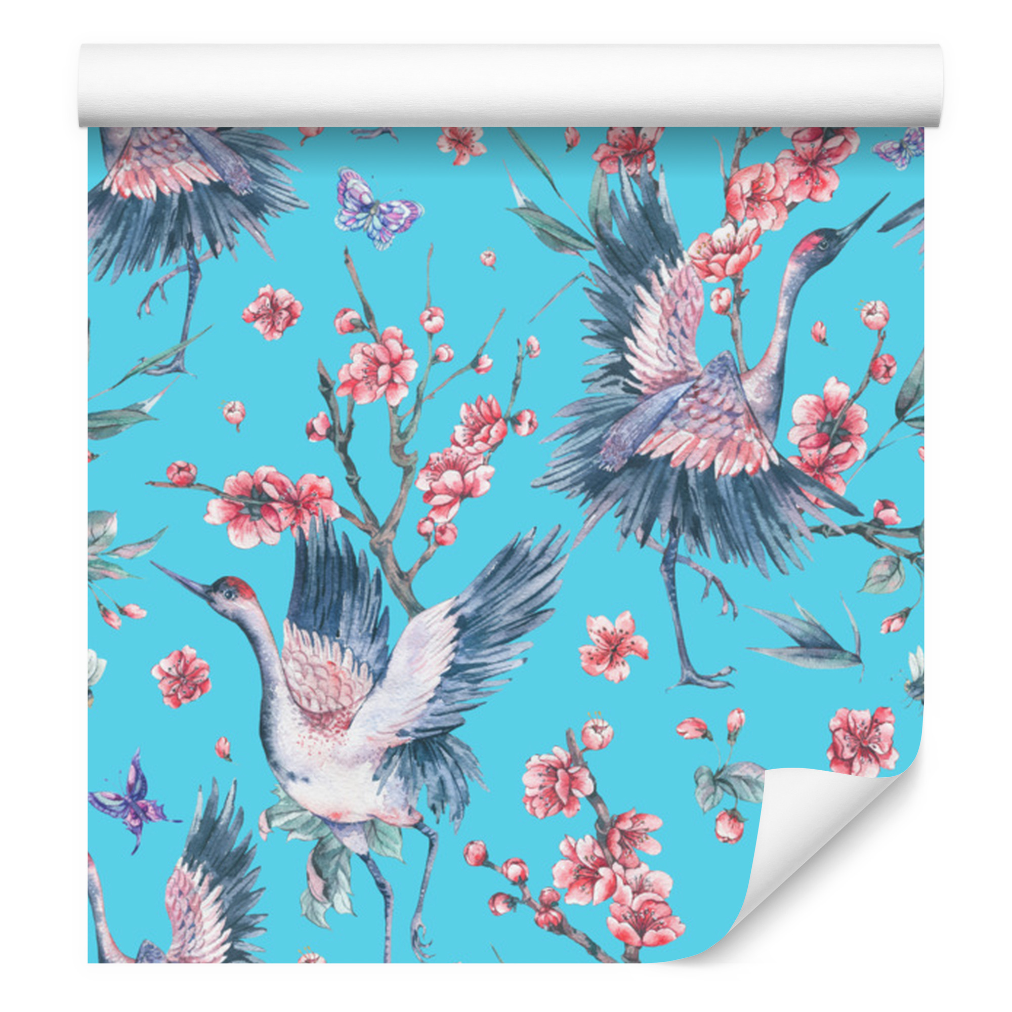 Tapete Mit Kranichen, Schmetterlingen Und Blumen Für Wohn- Und Schlafzimmer, 50 X 1000 Cm
