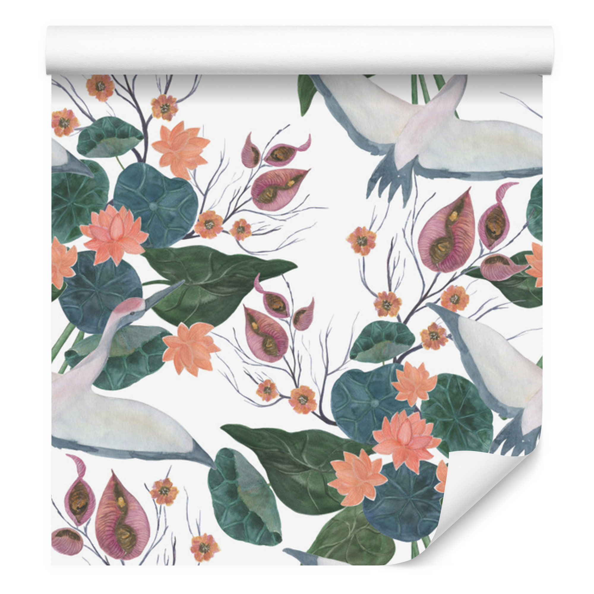 Tapete Mit Fliegenden Kranichen Und Blumen Für Wohn- Und Schlafzimmer, 50 X 1000 Cm