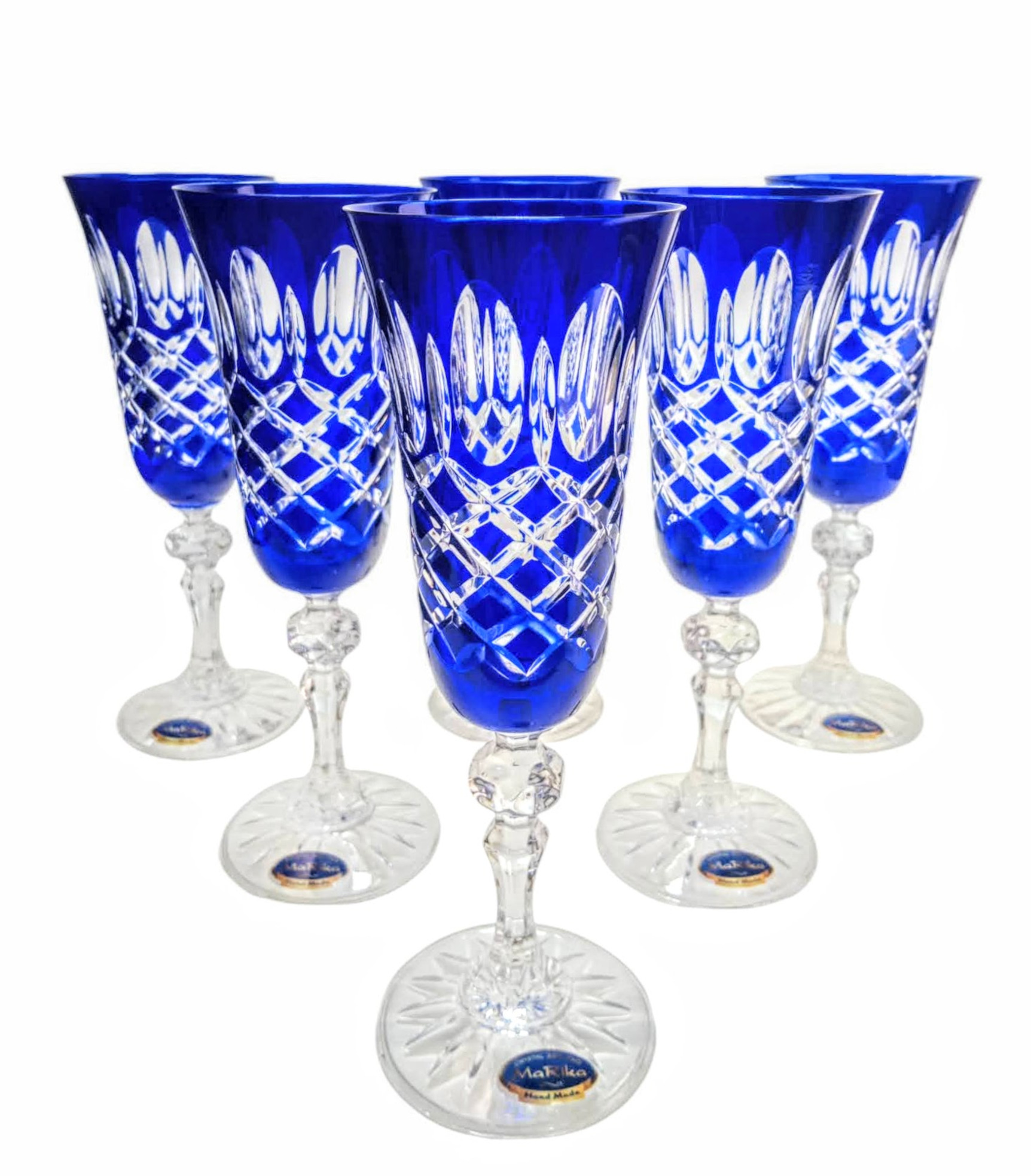 Champagnergläser Aus Kobaltblauem Kristallglas, 150 Ml, Olivenfarbenes Gitter