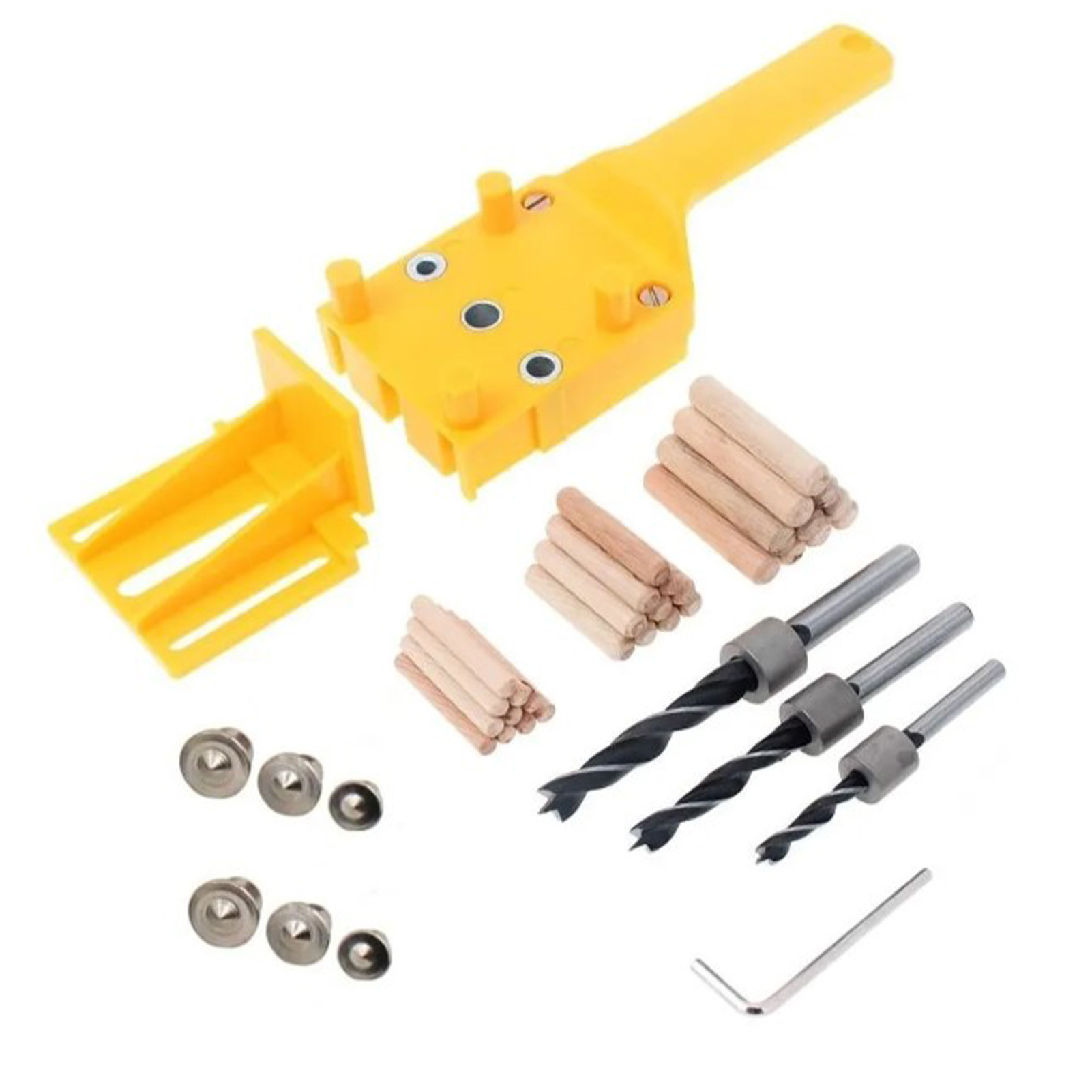 44-teiliges Set: Bohrschablone Für Die Holzbearbeitung Mit Schlüssel Und Anschlagring Für 6, 8 Und 10 Mm Zapfen.