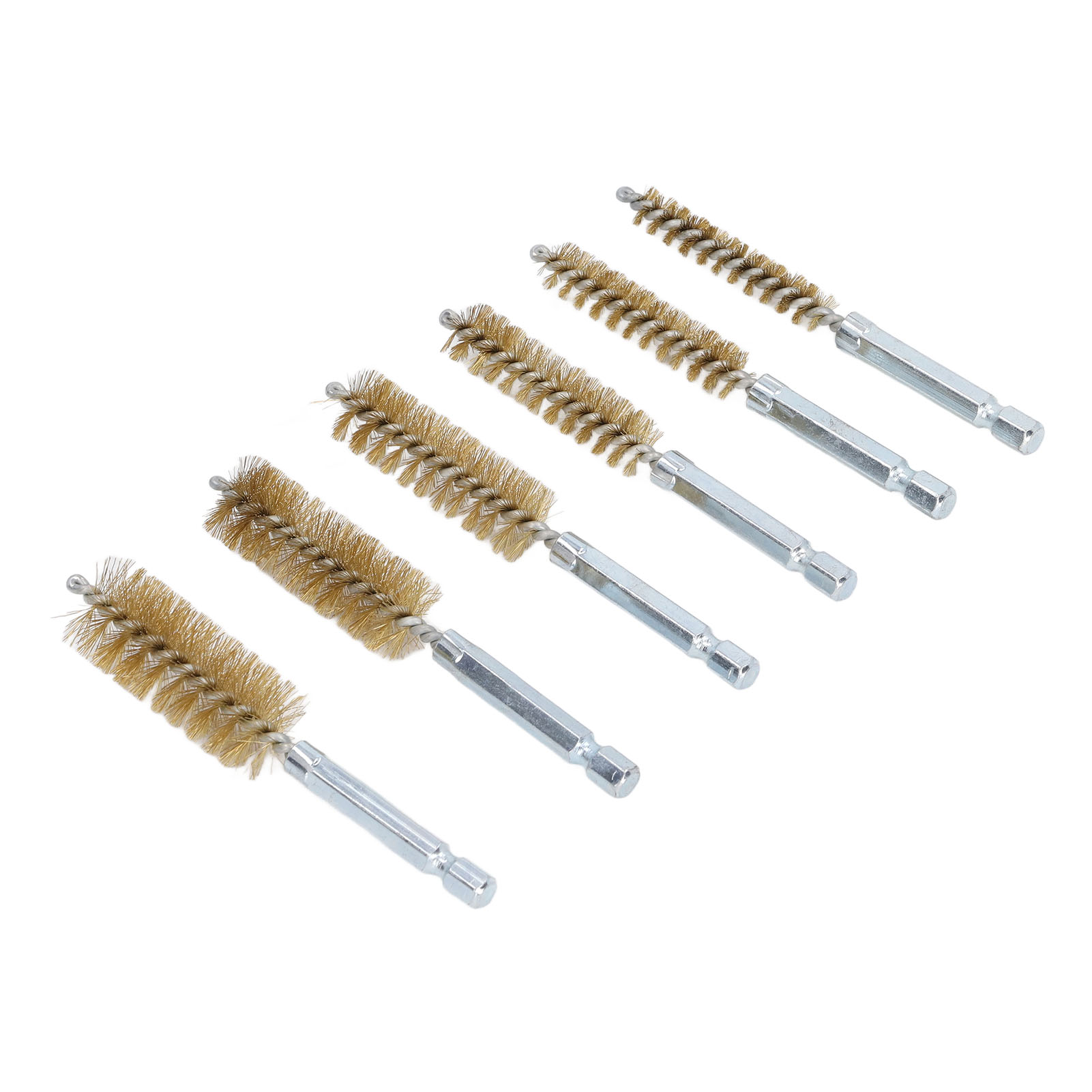 Set Aus 6 Reinigungsbürsten Für Elektrische Bohrmaschinen Und Schlagschrauber, Hergestellt Aus 10 Cm (4 Zoll) Rostfreiem, Verdrilltem Draht, Mit 6,35 Mm (1/4 Zoll) Sechskantschaft, Gelbkupferfarben.