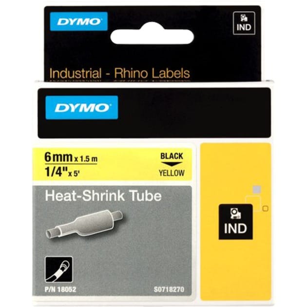 DYMO Rhino Industrie Schrumpfschlauch-Kabeletiketten | 6 mm, 1,5 m | Schwarz auf gelb