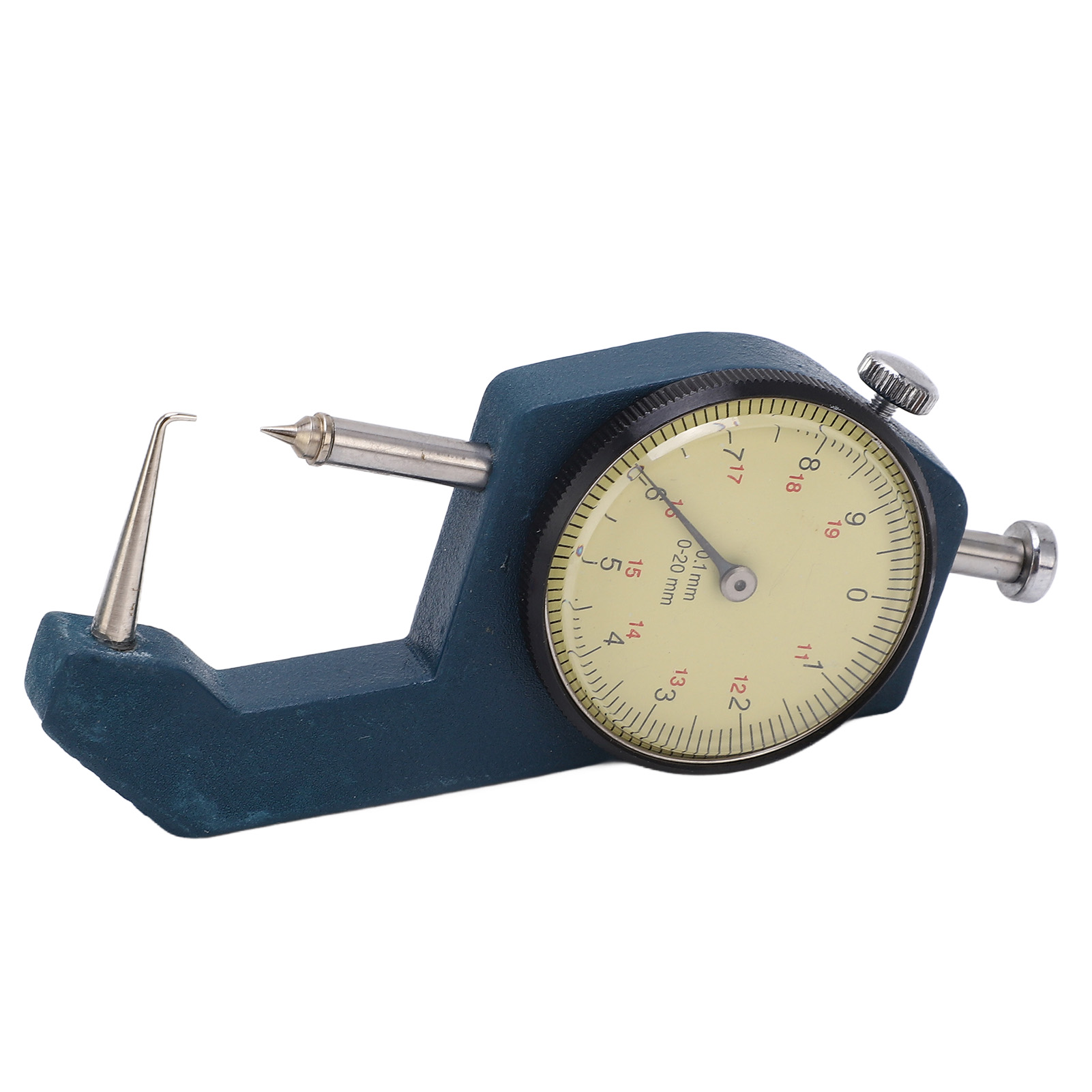Tragbares Dickenmikrometer Mit Transparenter Skala Und Nadel, Verschleißfest, Für Messungen Von 0 Bis 20 Mm. Gebogene Spitze.