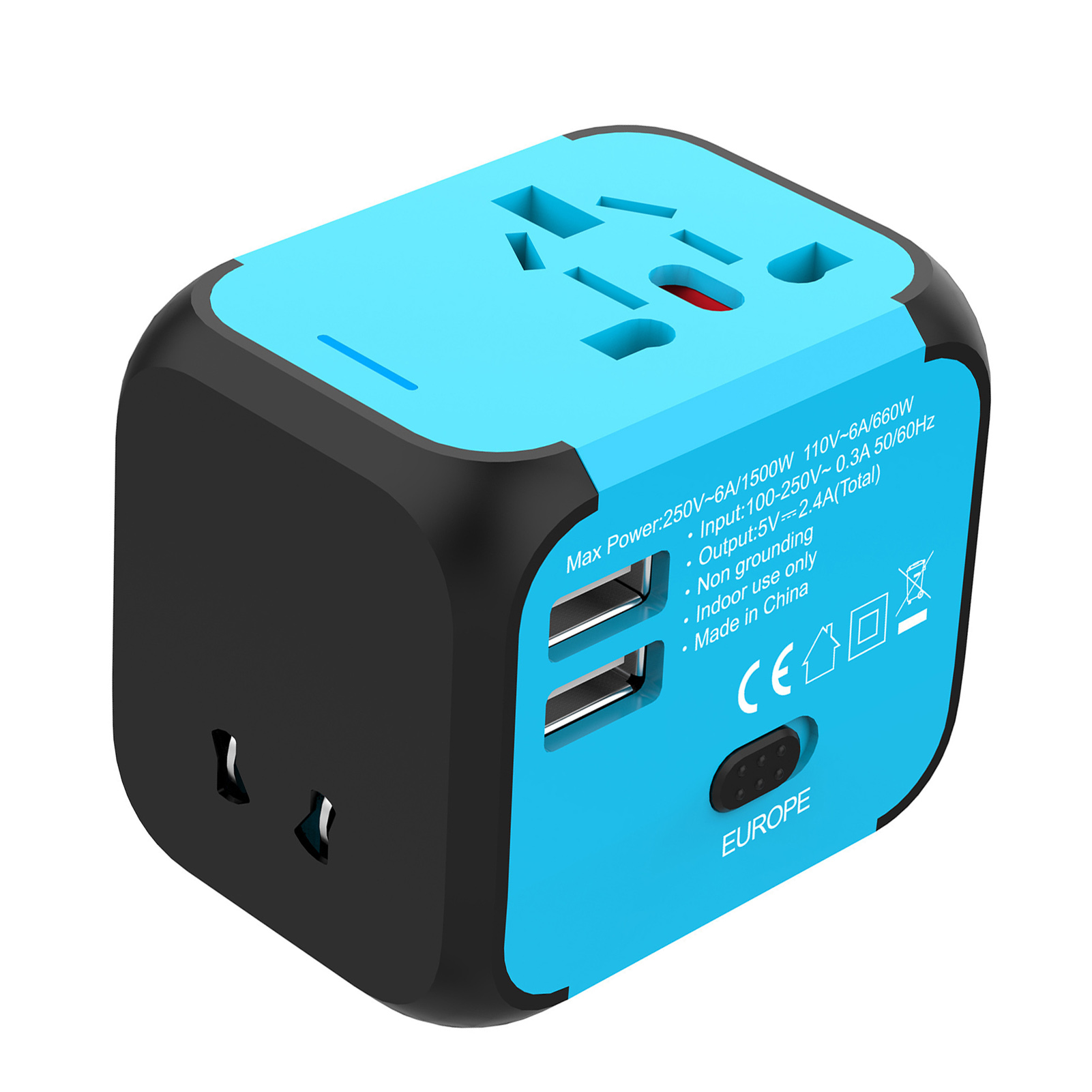 Reise-netzadapter Mit Schnellladefunktion Und 2 Usb-anschlüssen Für Den Außeneinsatz.
