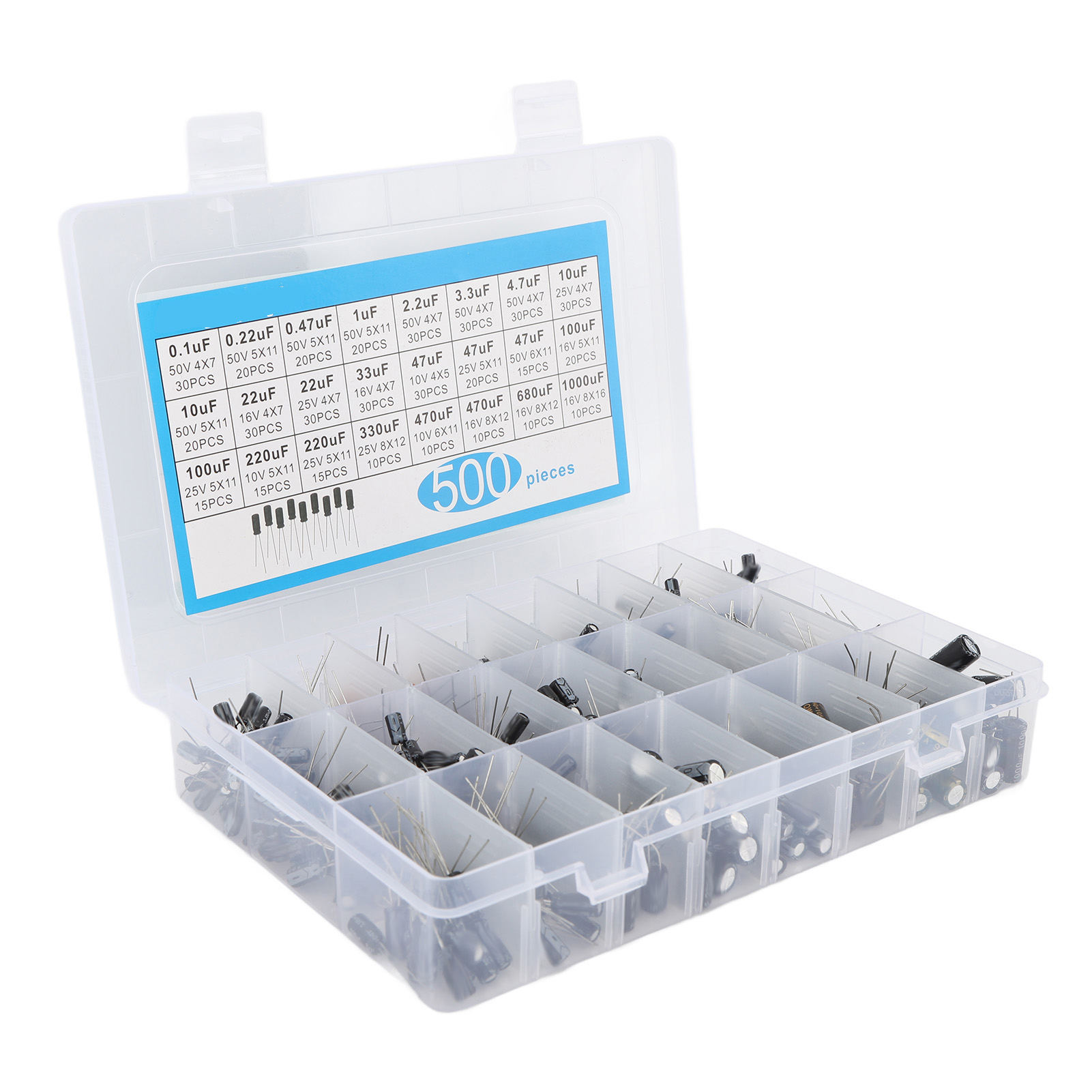 Sortiment Von 500 Aluminium-elektrolytkondensatoren, 0,1 Μf Bis 1000 Μf, 16 V Bis 50 V, 24 Werte