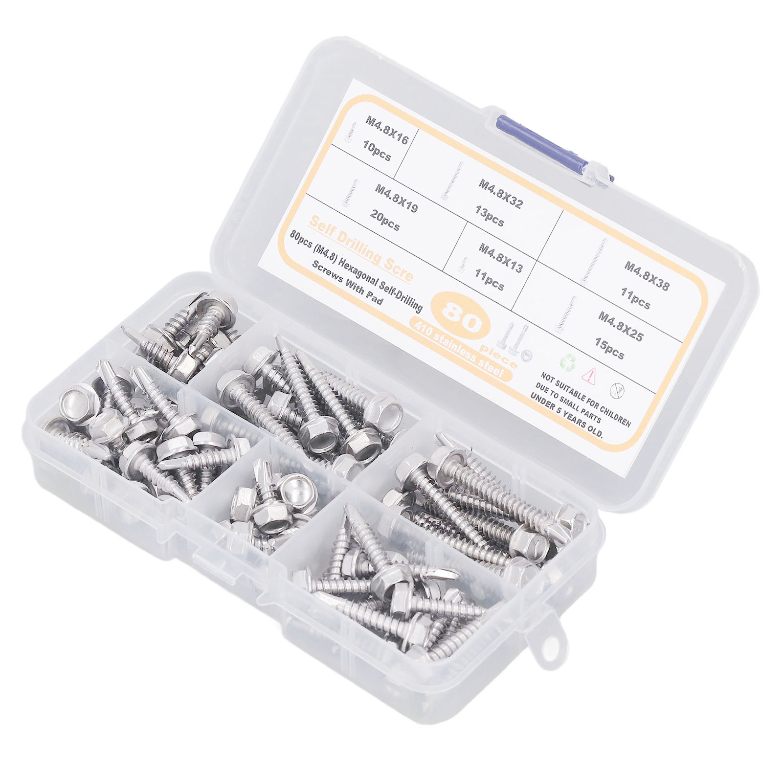 Packung Mit 80 M4.8 Selbstbohrenden Sechskantschrauben Mit Unterlegscheibe, Edelstahl 410, Sortiertes Befestigungsset.