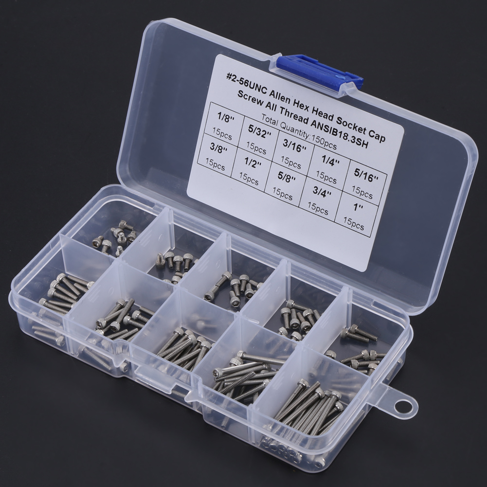 Set Mit 150 Innensechskantschrauben, 9 Größen, Sortiment 2-56 Unc, Mit Kunststoffbox