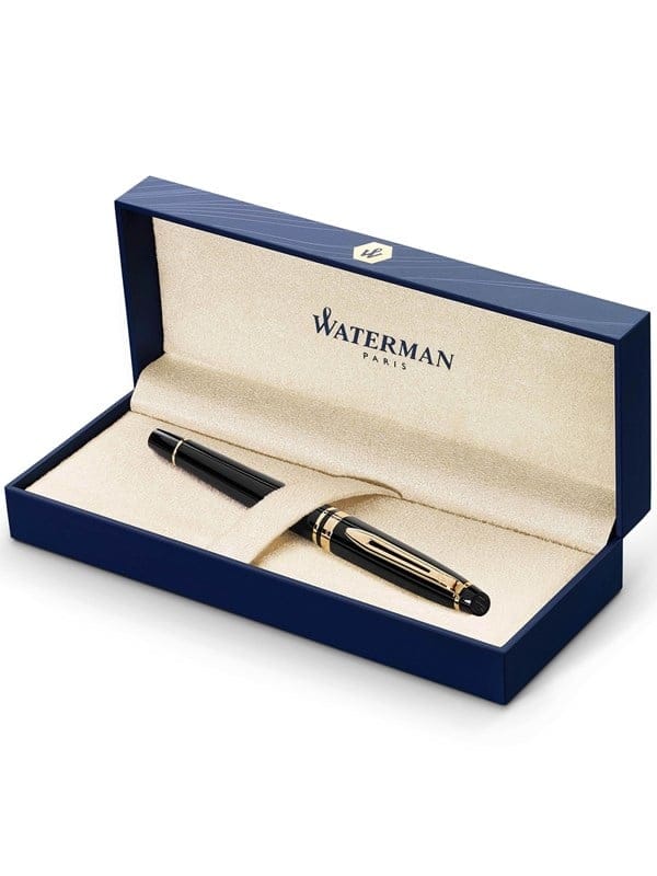 Waterman Expert Füller | Hochglänzend Schwarz mit Zierteile aus 23 K Gold | Füllfederhalter mit mittlerer Feder | Geschenkbox