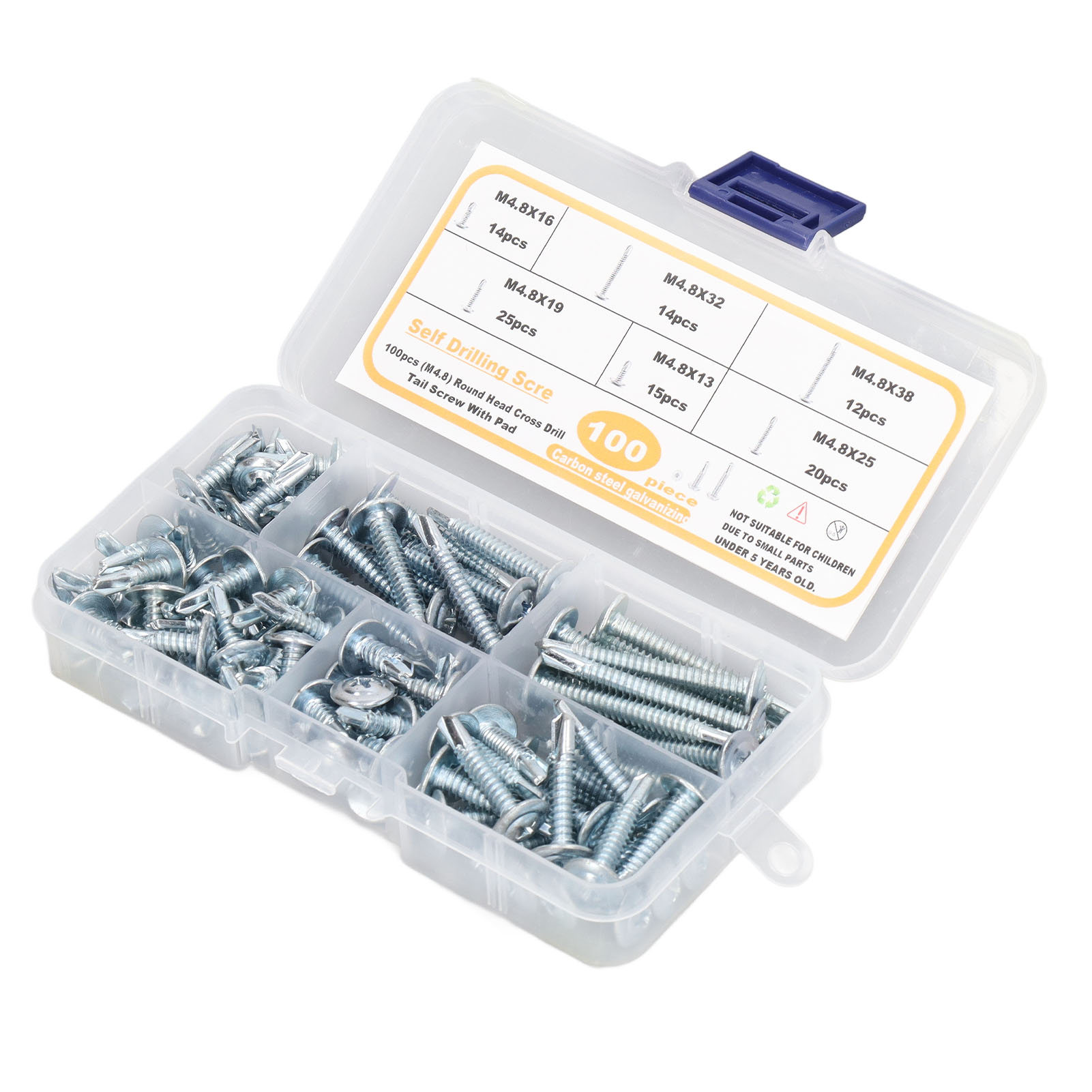 M4.8 Selbstbohrschrauben, 100er-packung, Flachkopf Mit Unterlegscheibe, Tiefgewinde, Kohlenstoffstahl, Verschiedene Schrauben Für Metall Und Holz, Robuste Befestigung