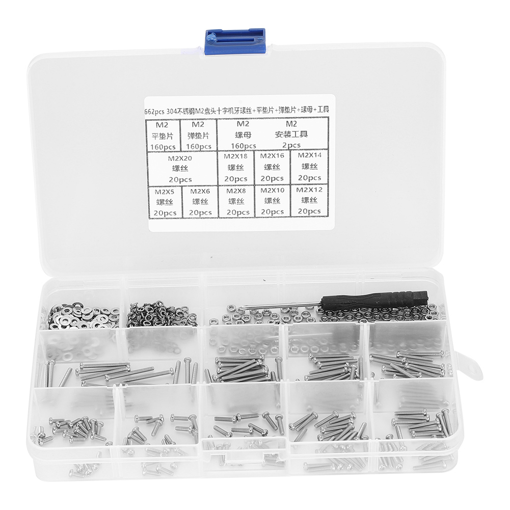 662-teiliges Set Aus M2-edelstahlschrauben (304) Mit Senkkopf Und Kreuzschlitz, Inklusive Unterlegscheiben, Federscheiben Und Muttern – Komplettes Sortiment An Schrauben Für Heimwerker Und Reparaturen