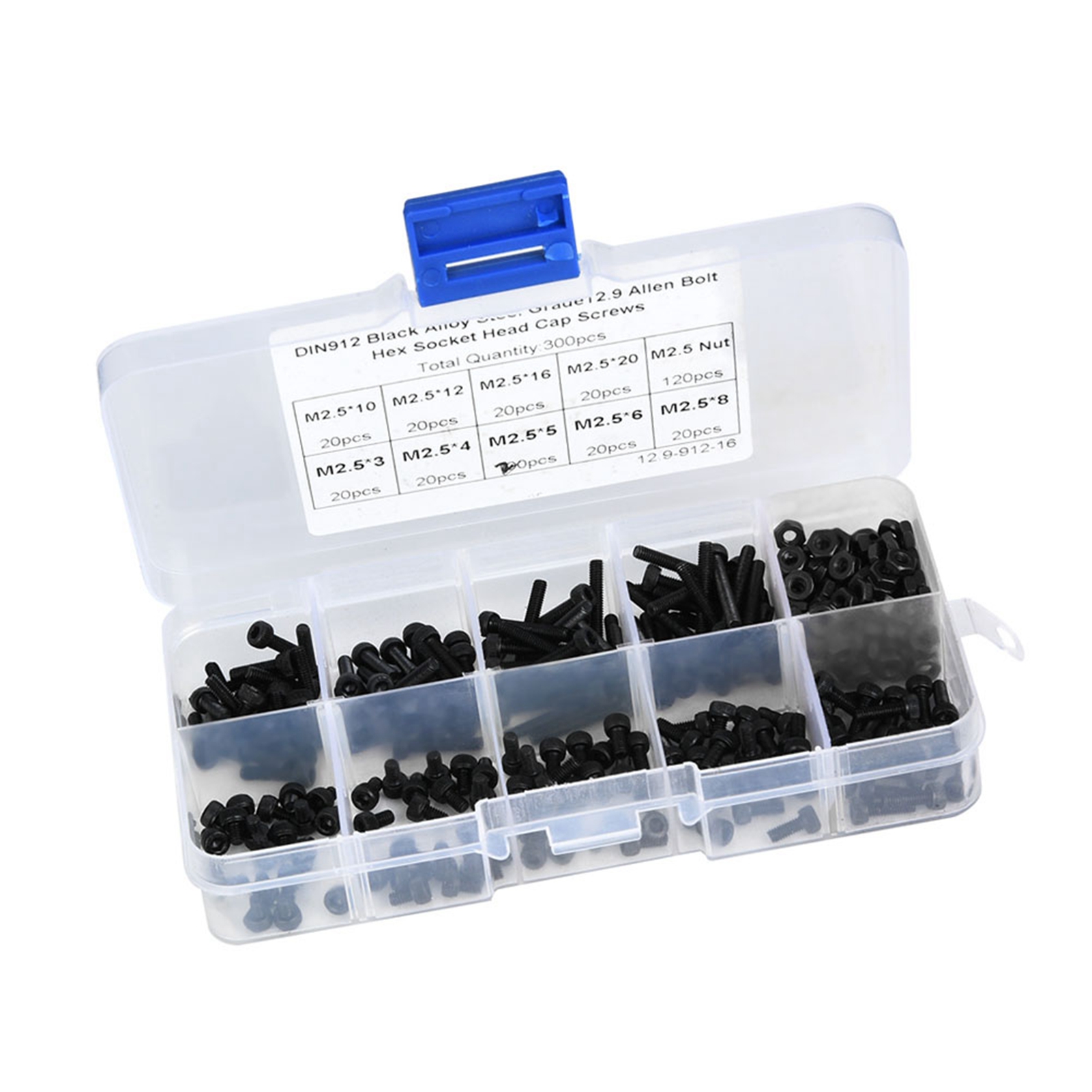 M2,5 X 3-20 Mm Innensechskantschrauben, Schwarzer Legierter Stahl, Güteklasse 12.9, Packung Mit 300 Stück Inklusive Muttern