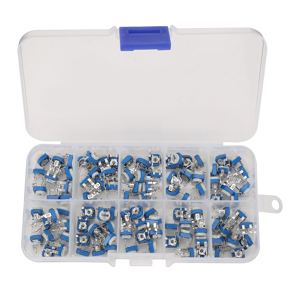 100 Stück Einstellbare Variable Widerstände Mit 10 Werten, Blau-weiß, Trimmerpotentiometer, Elektronisches Bauteil Mit Box Rm065