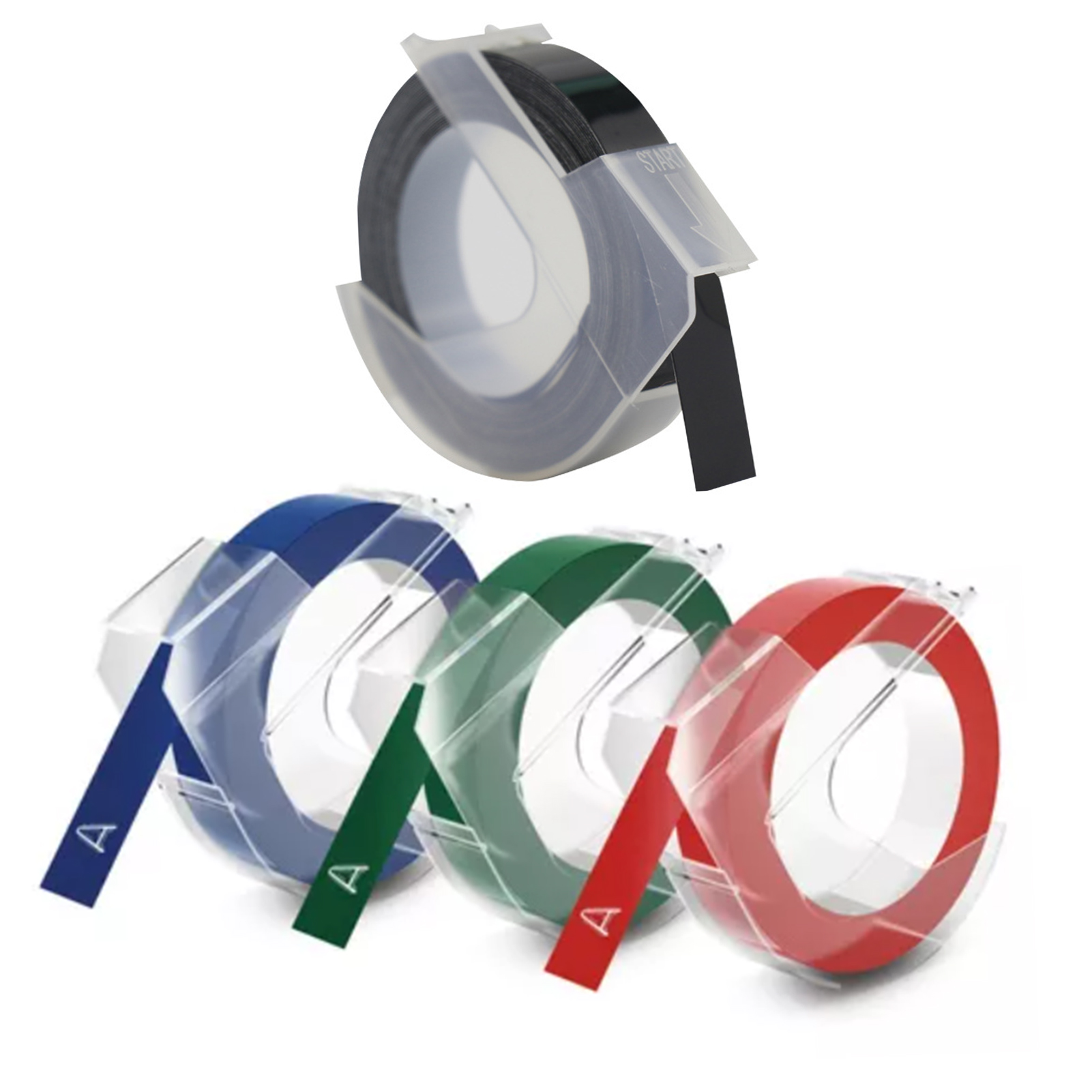 Packung Mit 4 9-mm-etikettenbändern, Farbdruck, Blauer, Roter, Grüner Und Schwarzer Hintergrund