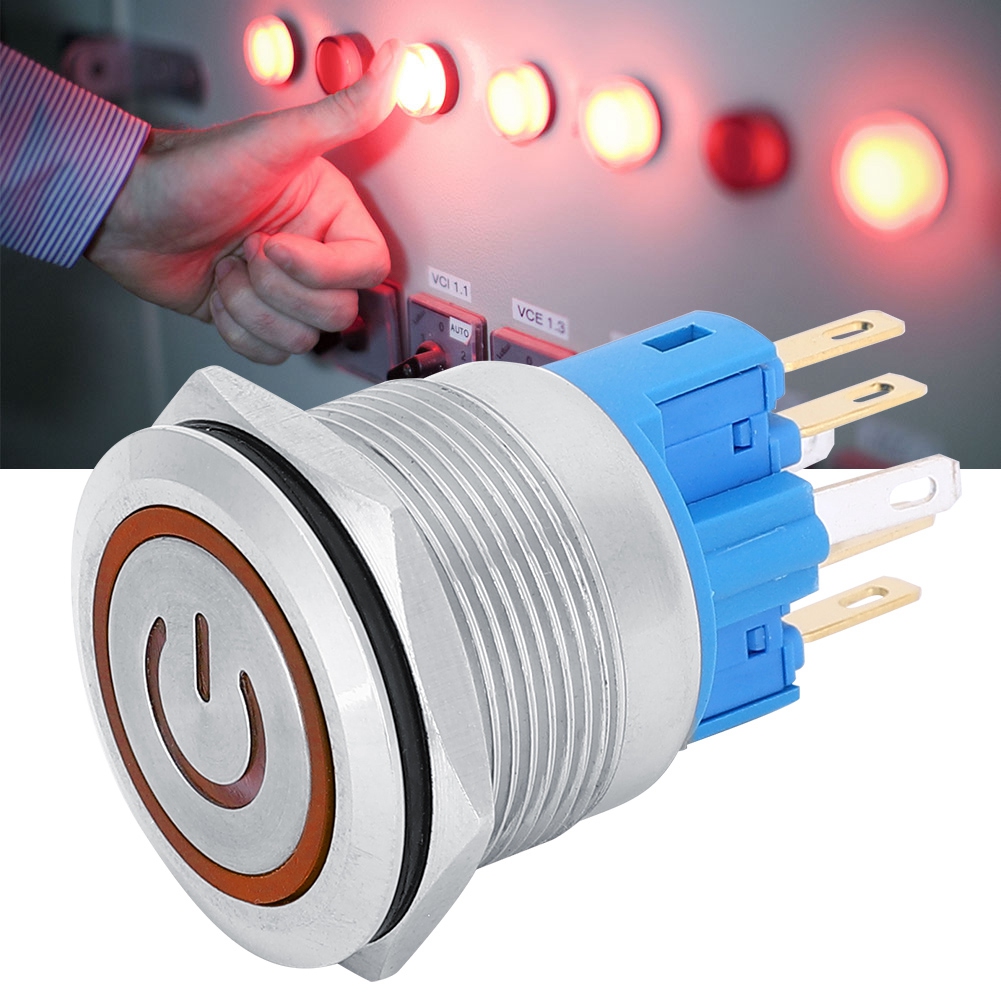 Zweiteiliger, Selbstverriegelnder Drucktaster, 22 Mm Edelstahl, 6 Pins, Dc 12–24 V, Mit Orangefarbenem Symbol