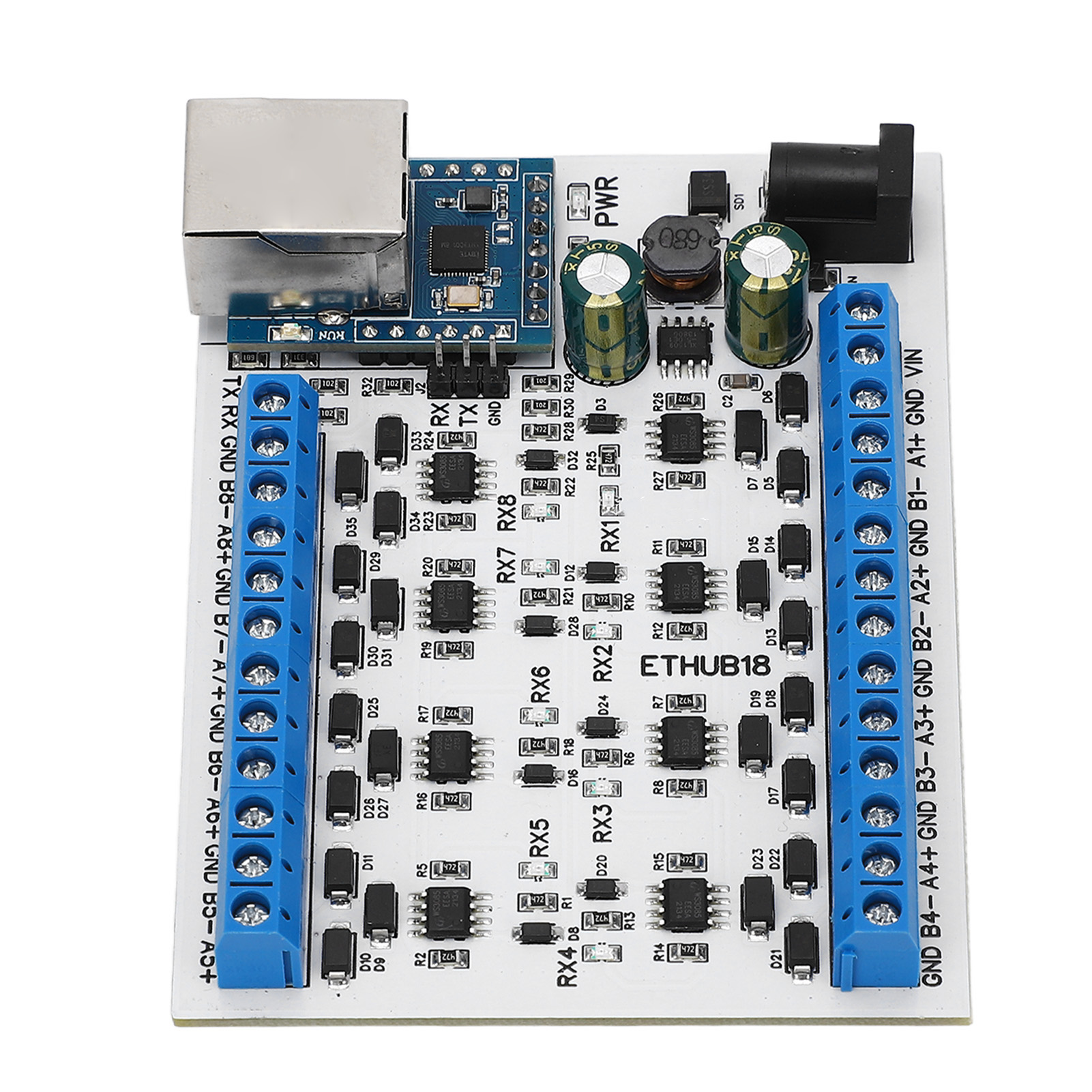 Rj45-zu-8-rs485-hub-konverter Mit Tvs-schutz, 115200 Baud, Cctv-verteiler, 7–30 V Dc-netzteil