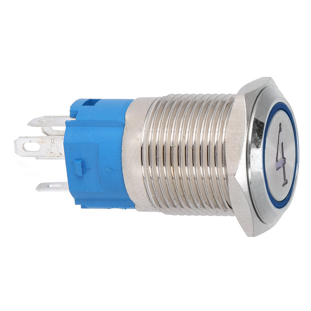 2-teiliger 16-mm-metall-drucktaster Mit Flachem Kopf, Selbstrückstellend Mit Blauer Kontrollleuchte, 12 V Dc, 5 Pins