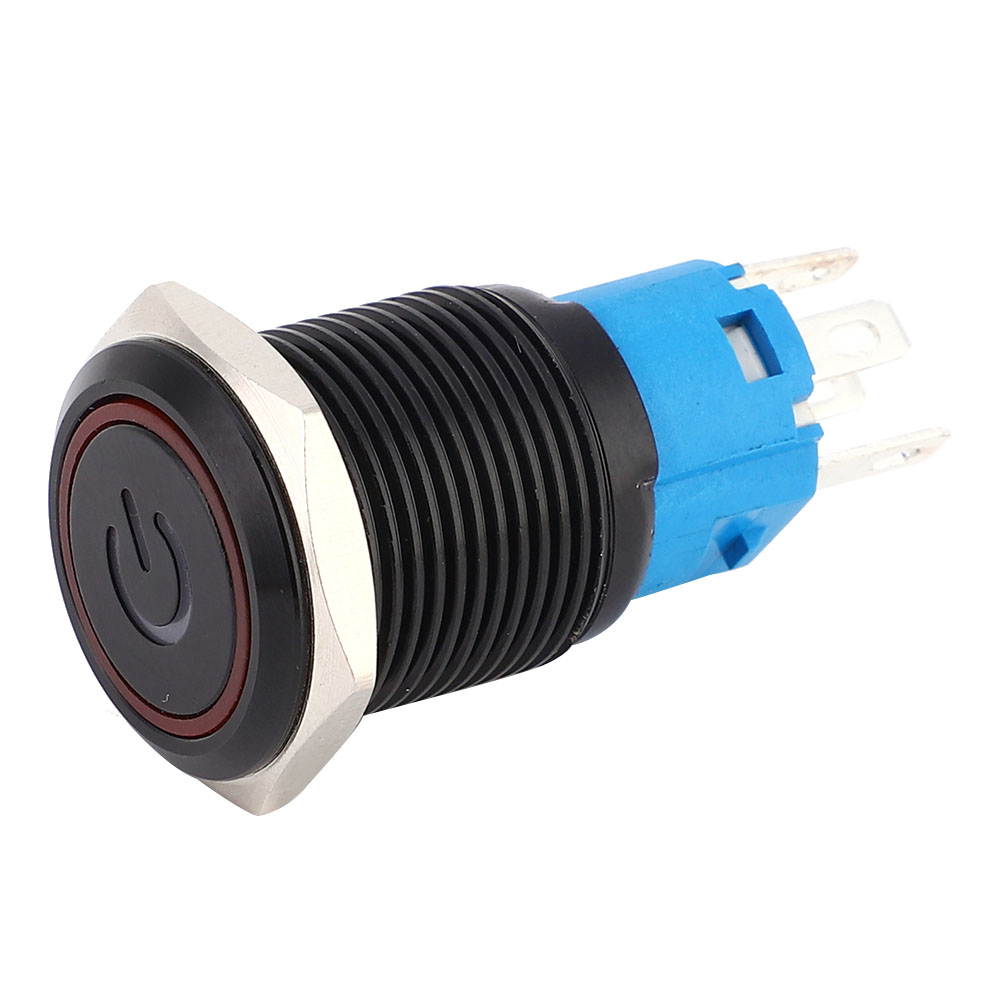 Schwarzer Metall-druckknopf, 16 Mm, Selbstverriegelnd, Schutzart Ip65, Mit Roter Led-anzeige, 12 V Dc Und Symbol, 2er-packung