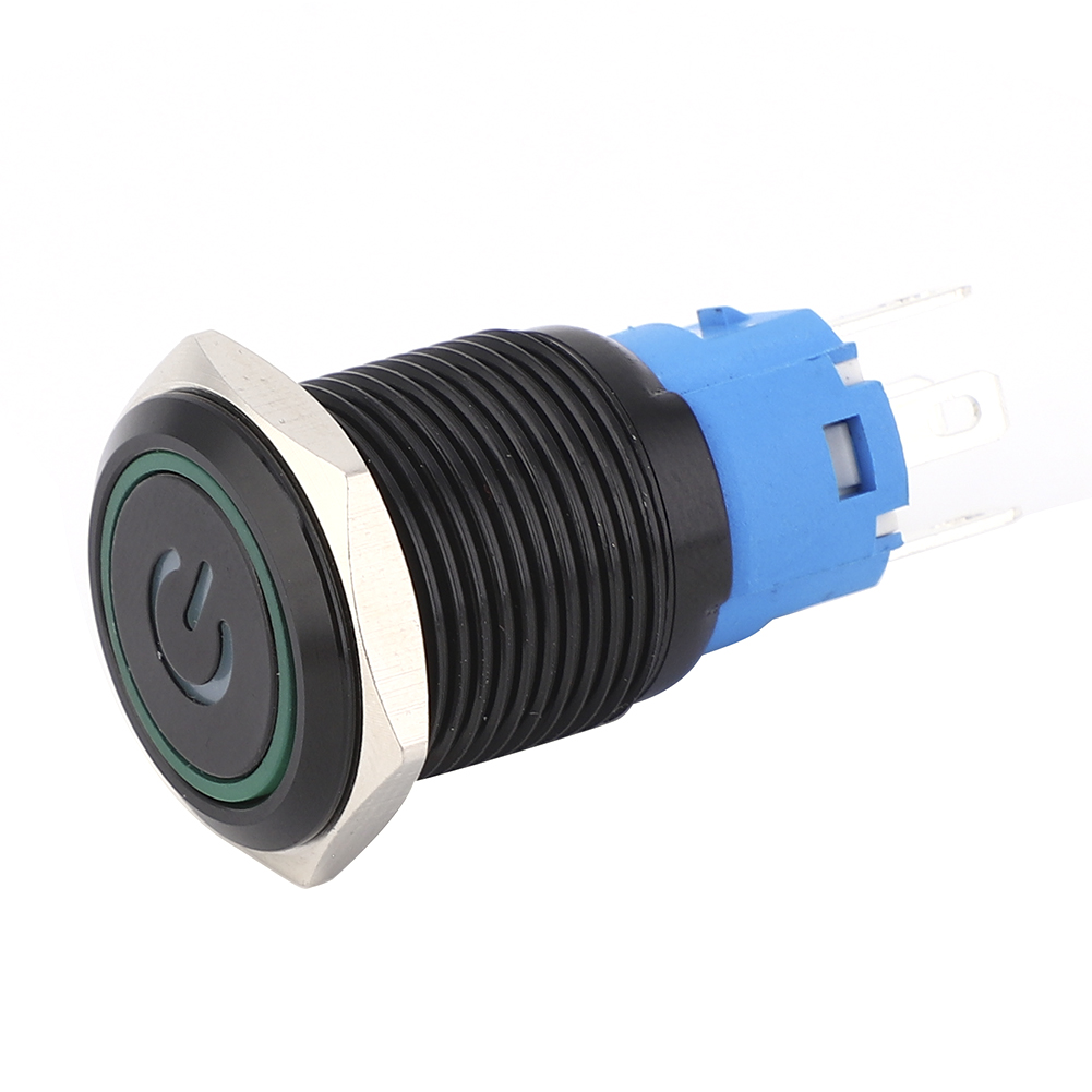 Schwarzer, Selbstverriegelnder Metallschalter (16 Mm) Mit Grüner Led, 3–6 V Dc, Symbol Und Leuchte, Schutzart Ip65, 2er-pack