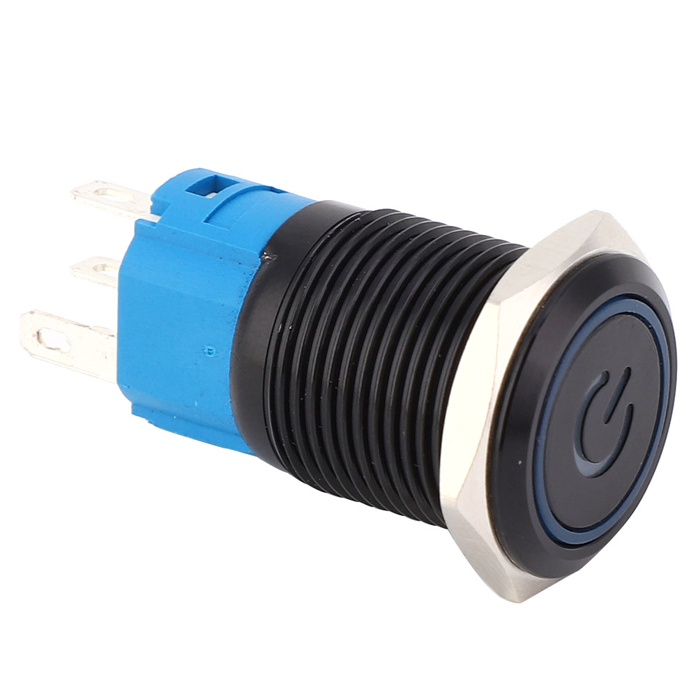 Selbstverriegelnder Schwarzer Metall-drucktaster, Schutzart Ip65, Mit Led-anzeige Und Symbol, 16 Mm, Blau, 3–6 V Dc, 2er-pack