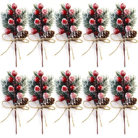 Set Mit 10 Roten Weihnachtsbeerenstielen, 15 Cm - Kleine Künstliche Weihnachtszweige Und -dekorationen Mit Tannenzapfen, Stechpalme, Weihnachtsbeeren, Blumenschmuck Für Weihnachtskränze