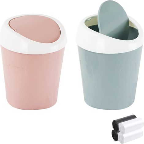 Stück Kleiner Mini-tischmülleimer, Qlfj-furdec Mini-tischmülleimer Aus Kunststoff Mit Schwenkdeckel Und 4 Rollen Müllbeutel Für Büro, Badezimmer, Küche (blau, Rosa)