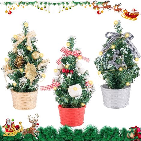 Mini-weihnachtsbaum (künstlich), 3 Stück 20 Cm Mini-tischweihnachtsbaum Mit Lichterkette, Weihnachtsbaum Mit Led-lichtern, Mini-weihnachtsbaumschmuck Mit Kugeln Und Schleife