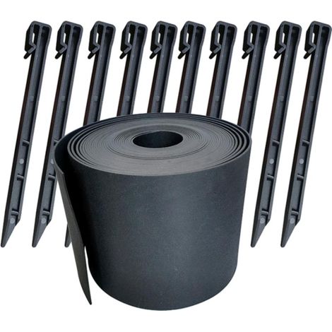 10 Meter Lange Pe-garteneinfassung Mit 12 Befestigungspfählen, Raseneinfassung, Natürliche Optik, 15 Cm Hoch, 3 Mm Dick, Schwarz