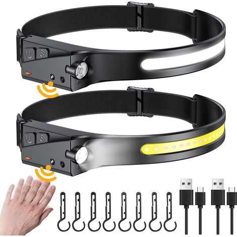 Wiederaufladbare Led-stirnlampe, Leichte Und Wasserdichte Stirnlampe Mit 8 Clips, 230°-ultraweitwinkel, 350 Lumen, Led-stirnlampe Mit Sensor Für Kinder Und Erwachsene, Camping, Joggen, 2er-pack [energ