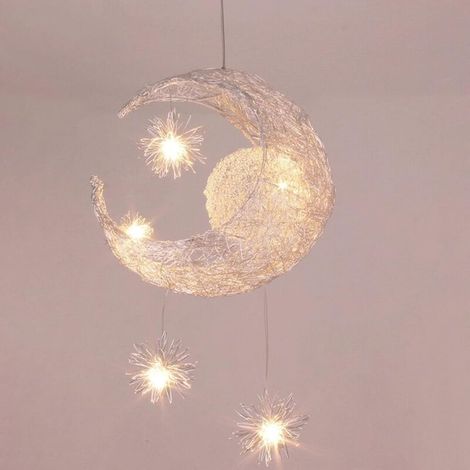 Industrieller Aluminium-kronleuchter Mit 5 G4-led-lampen – Warmweißes Licht – Mond- Und Sternenmotiv Für Kinderzimmer – Durchmesser 35 Cm