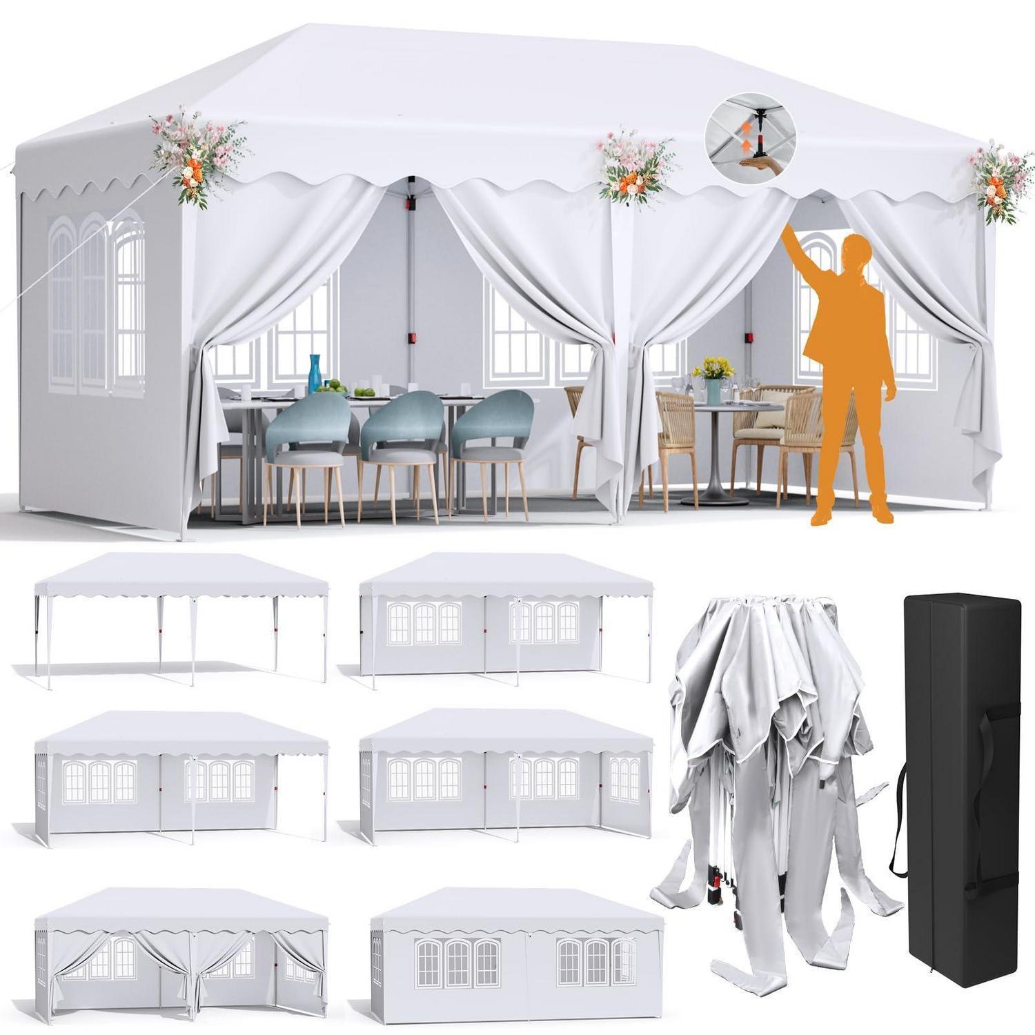 Faltpavillon 3x6m Weiß, Wasserdicht, Mit 6 Seitenteilen, Höhenverstellbar