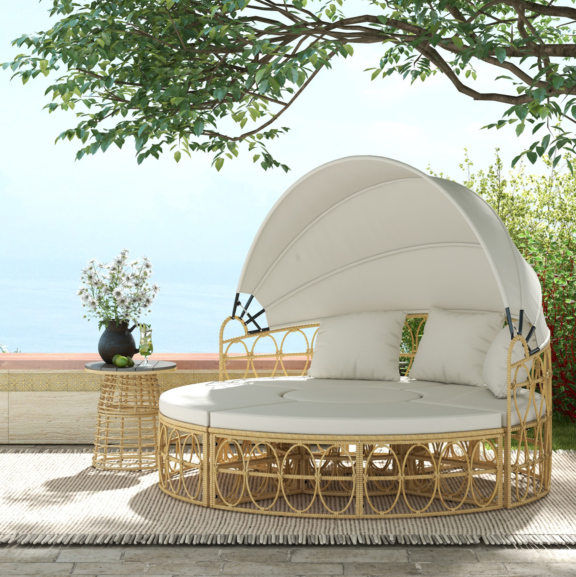 4-tlg. Gartenlounge 178x85x66,5 Cm Aus Beigem Polyrattan Mit Ausziehbarem Dach – Meubliv