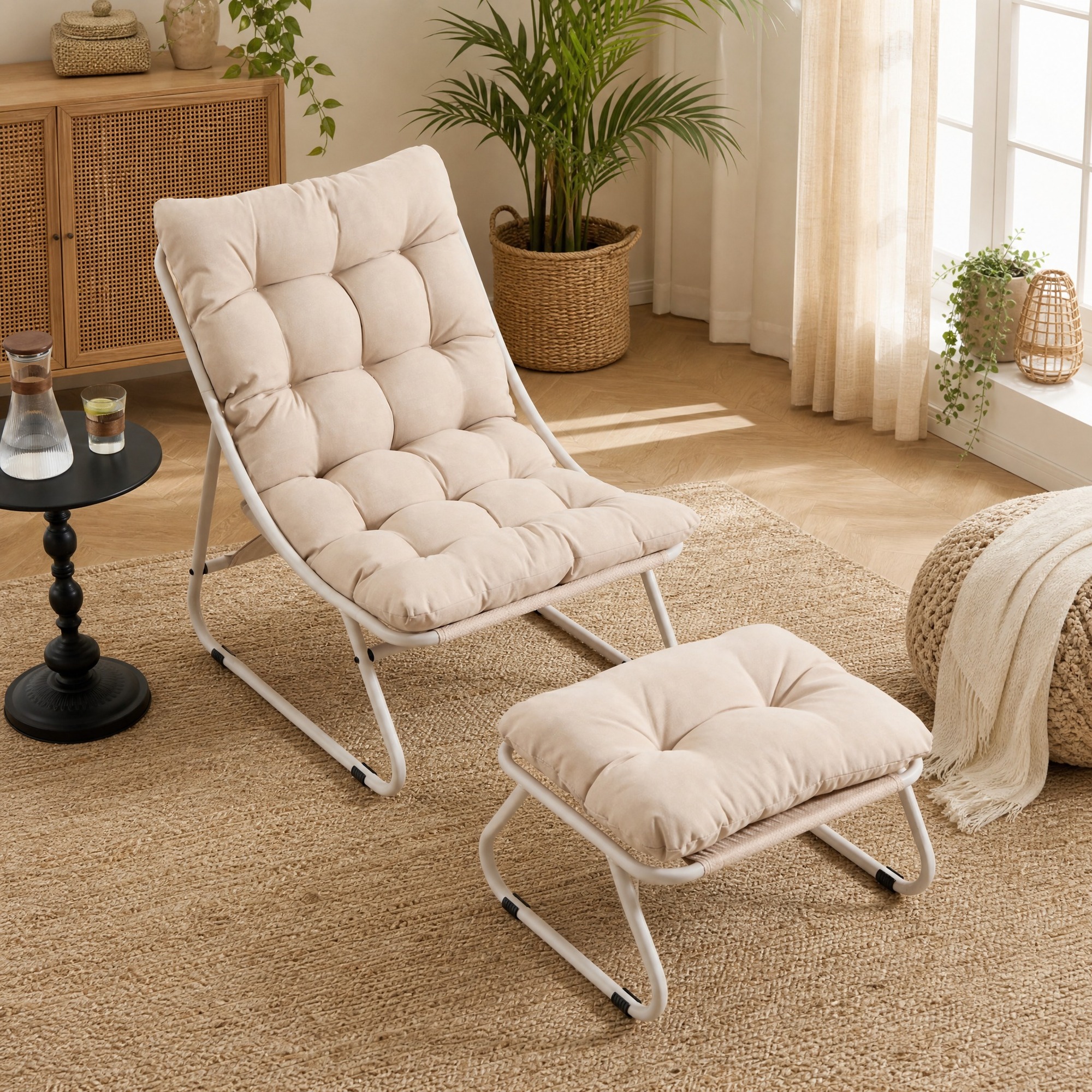 Outdoor-relaxsessel Mit Hocker 65 X 78 X 86 Cm Aus Stahl, Beige – Meubliv