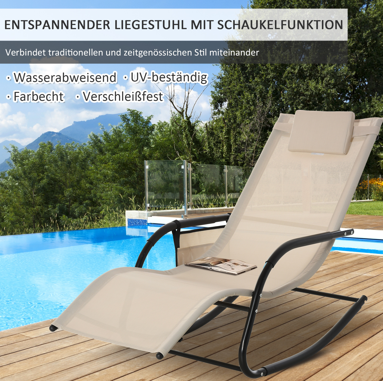 Schaukel-liegestuhl 150x62x88 Cm Aus Metall, Beige, Mit Seitentasche Für Den Garten – Meubliv