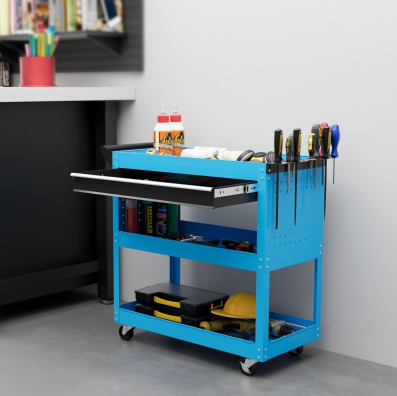 Werkstattwagen 82x35x76 Cm Aus Blauem Stahl, 3 Ebenen, 4 Rollen – Meubliv