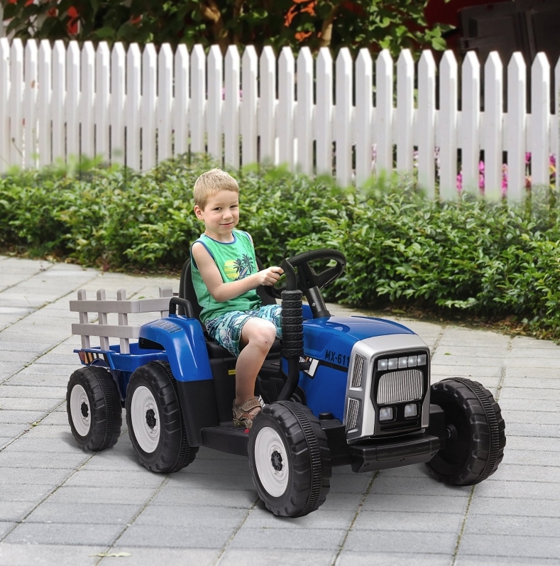 Elektrischer Kindertraktor 136,5x50x52,5 Cm Aus Blauem Kunststoff Mit Anhänger – Meubliv